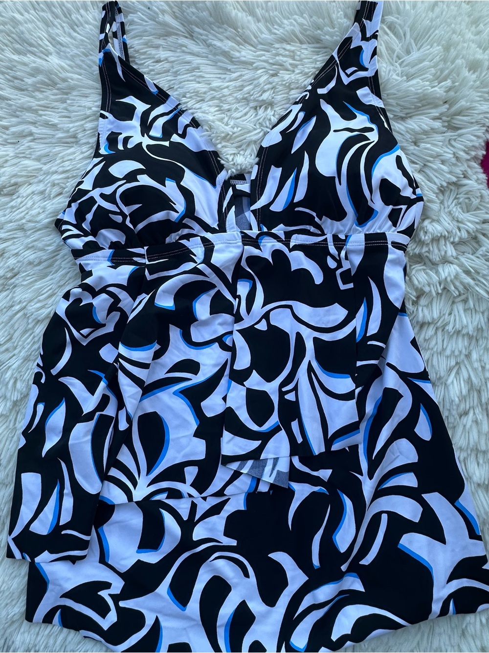Beyond Control Black & White Floral V-Neck Swim tankini with Blue Accents